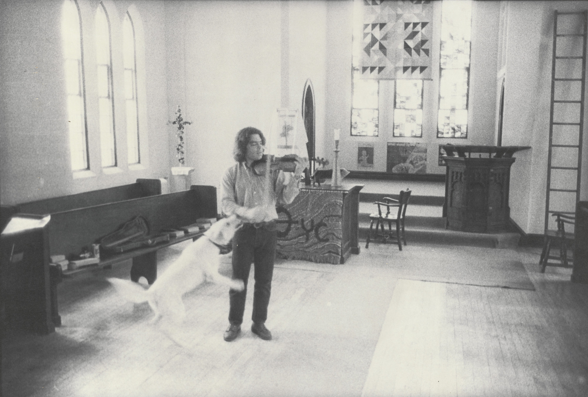 Bill Arnold. Steve on Violin with Honey, Iowa City Church