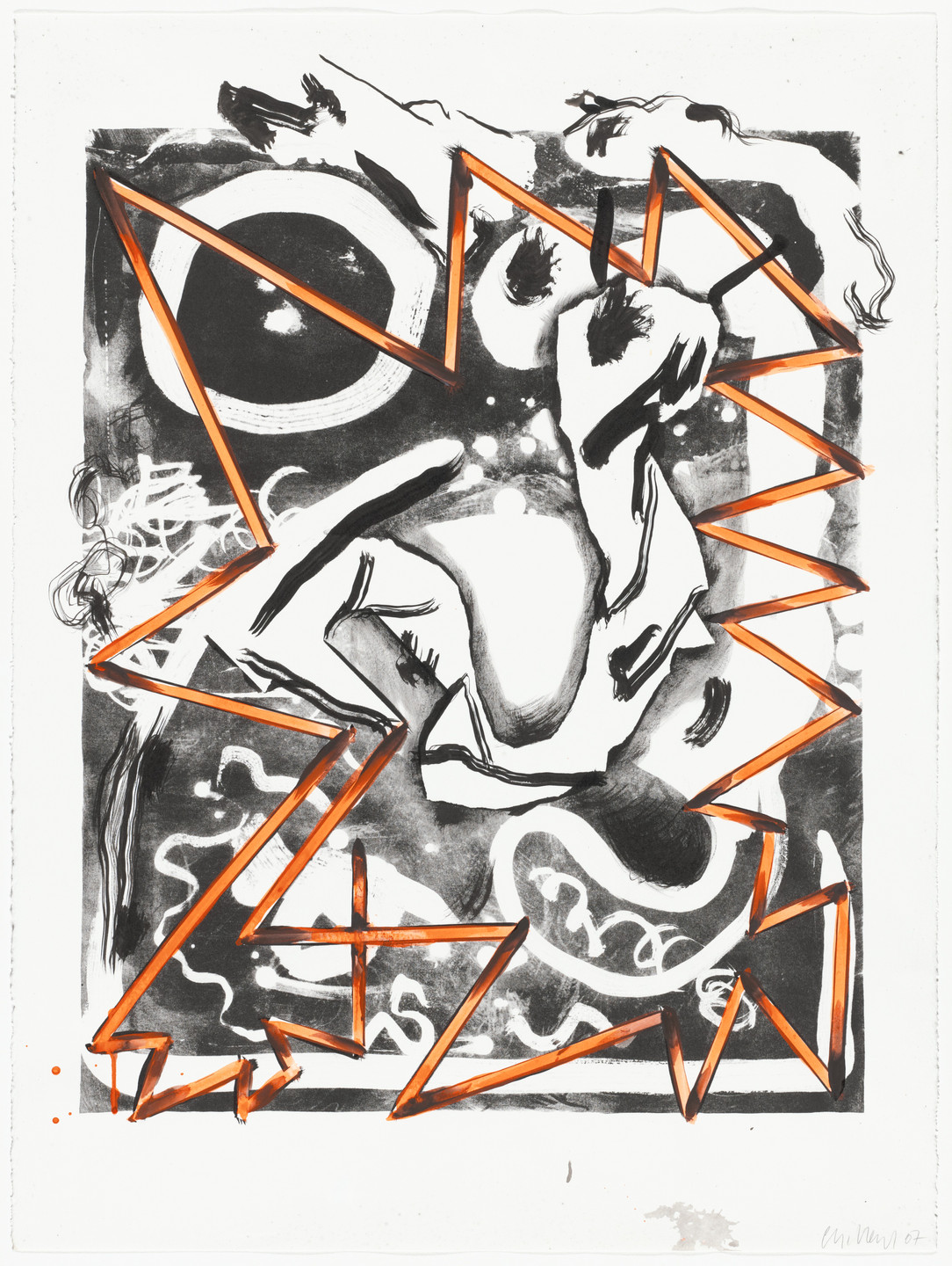 The image shows a black and white drawing with an orange zigzag pattern overlaying it. It has swirling shapes, dark bold lines, and circular forms, with the orange lines creating geometric paths. This is an AI generated description. To give feedback, email ai@moma.org.