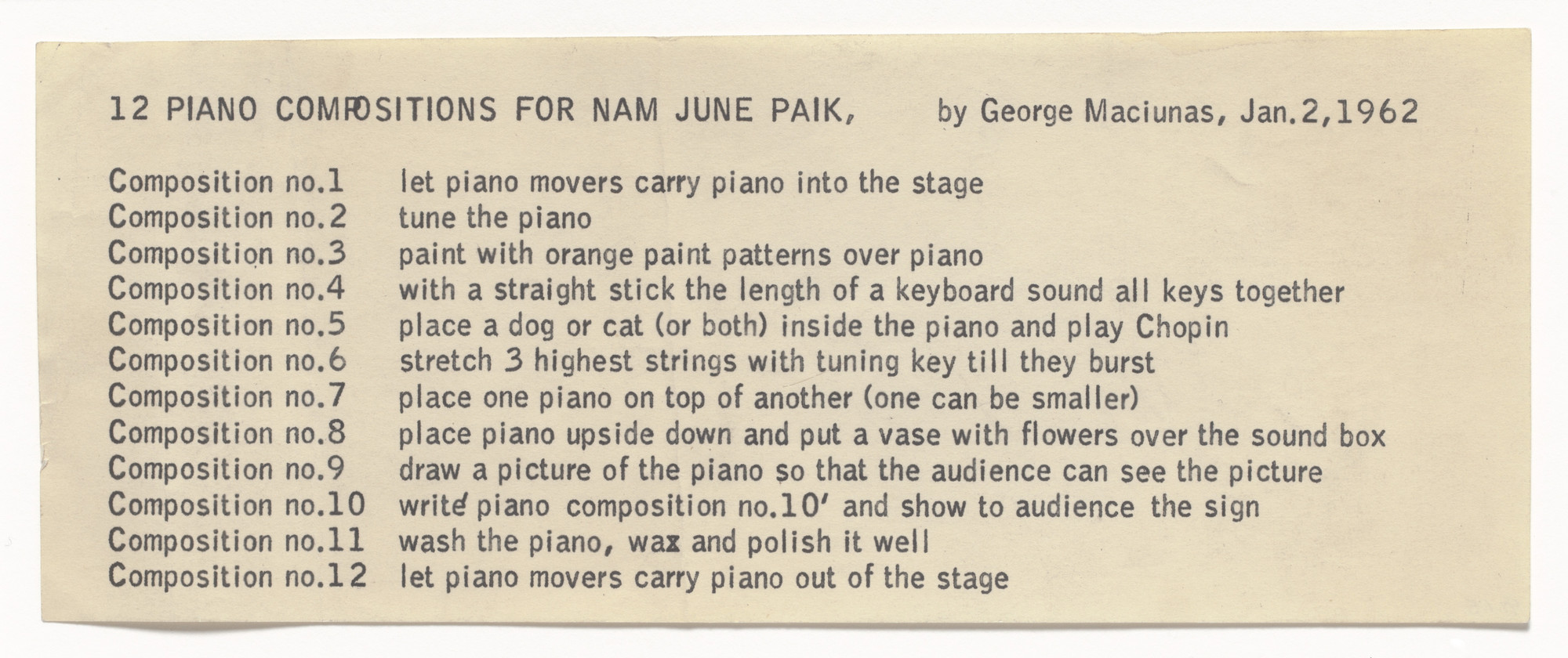 George Maciunas. 12 Piano Compositions for Nam June Paik