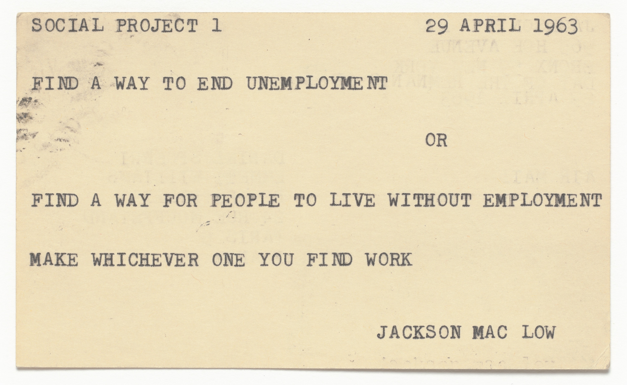 Jackson Mac Low. Social Project 1. 1963