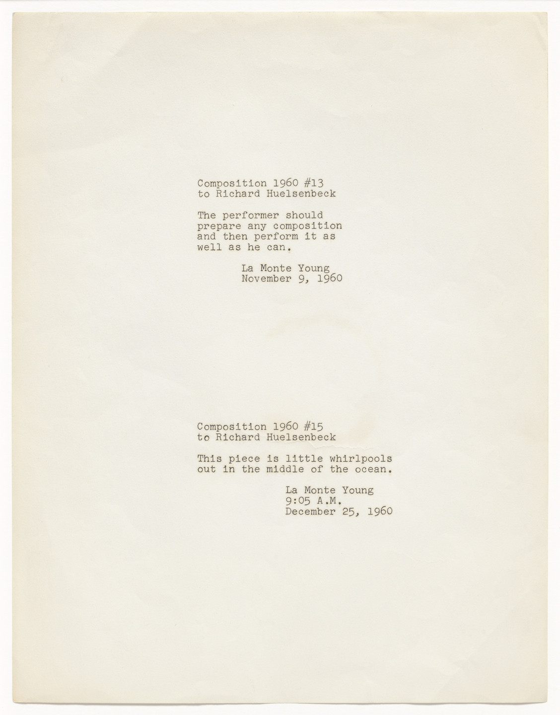 La Monte Young. Composition 1960 #13 to Richard Huelsenbeck and Composition 1960 #15 to Richard Huelsenbeck. 1960