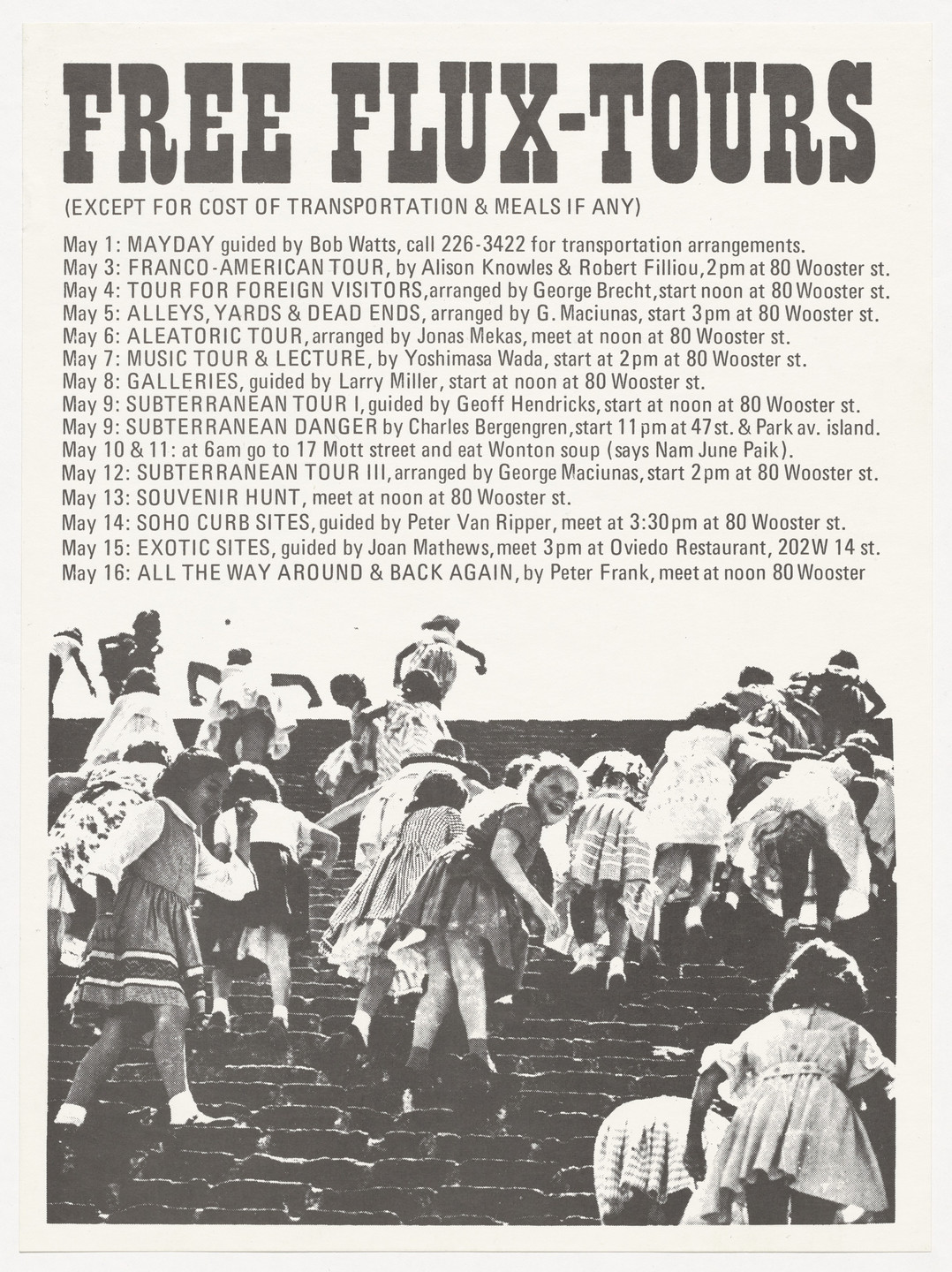 George Maciunas. Flyer for Free Flux Tours, May 1, 3-16, 1976. 1976