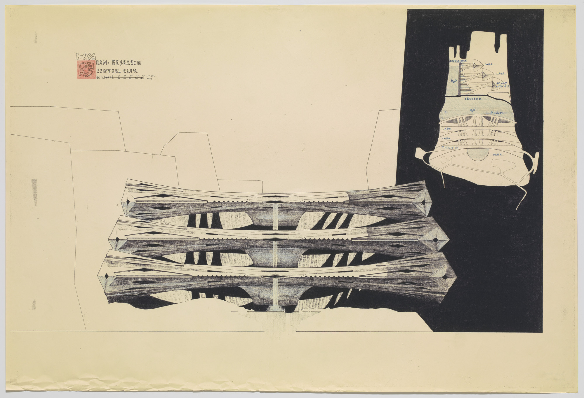 Paolo Soleri. Dam–Research Center Project (Plan and section). c.1960