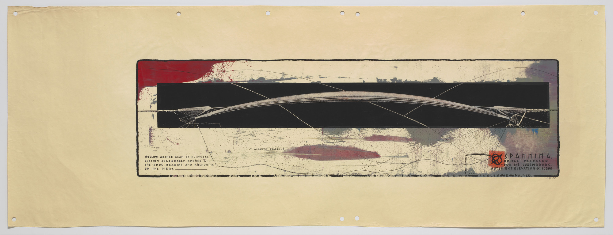 Paolo Soleri. Spanning Bridge Project, Luxembourg, Elevation. 1958