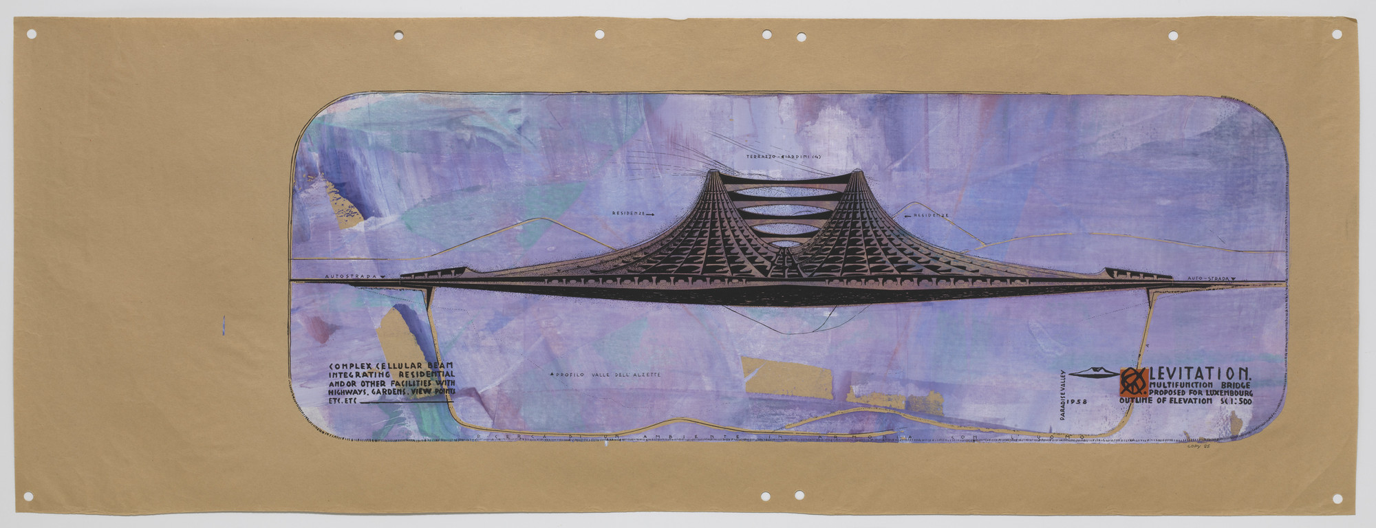 Paolo Soleri. Levitation Multifunction Bridge Project, Luxembourg, Elevation. 1958