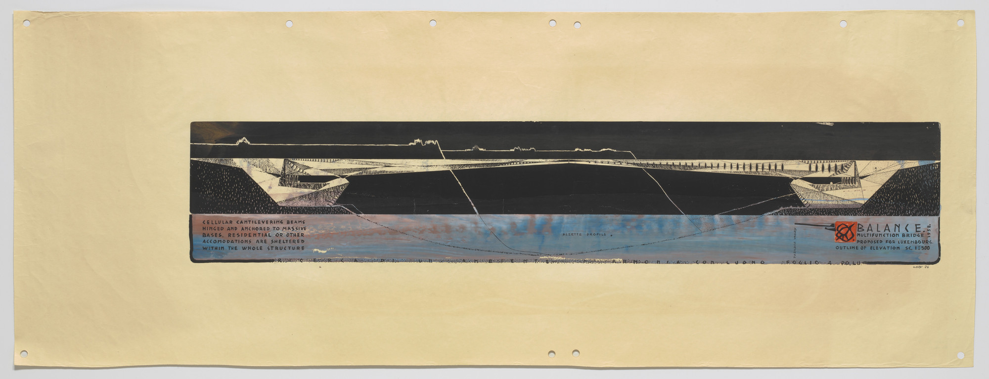 Paolo Soleri. Balance Multifunction Bridge Project, Luxembourg, Elevation. 1958