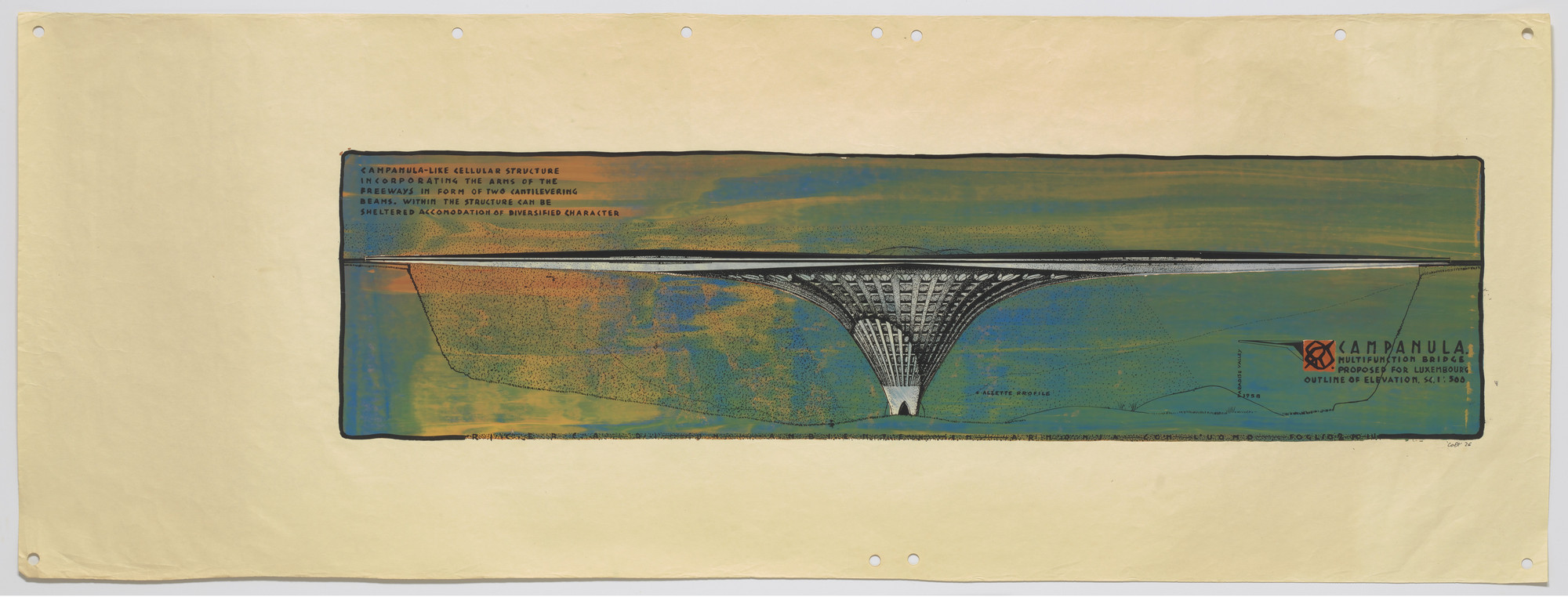 Paolo Soleri. Campanula Multifunction Bridge Project, Luxembourg, Elevation. 1958