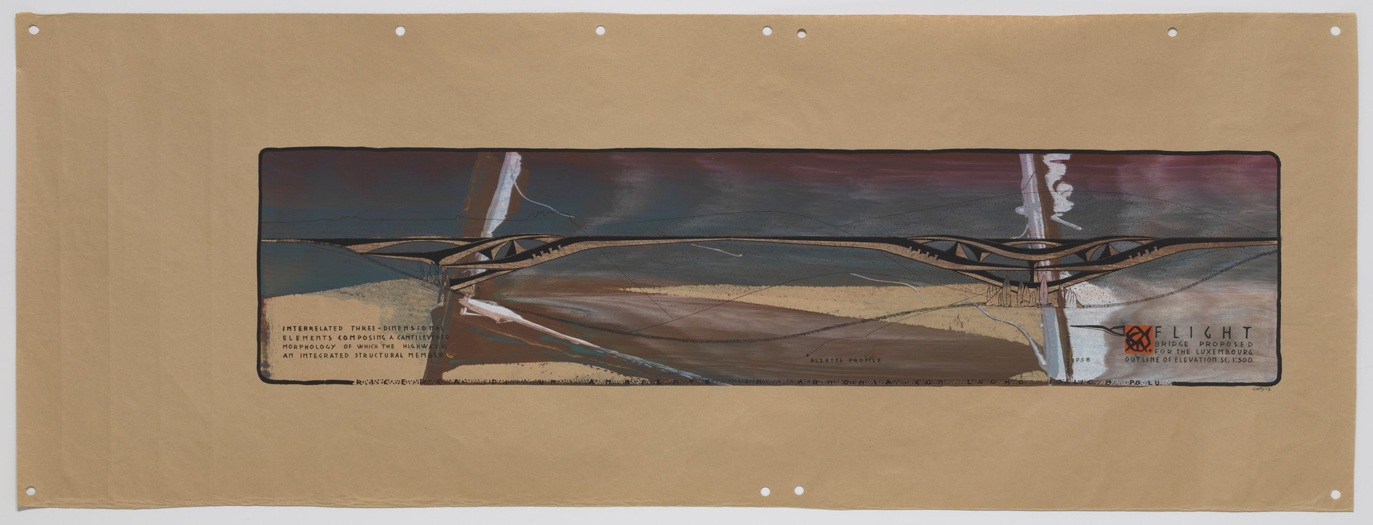 Paolo Soleri. Flight Bridge Project, Luxembourg, Elevation. 1958
