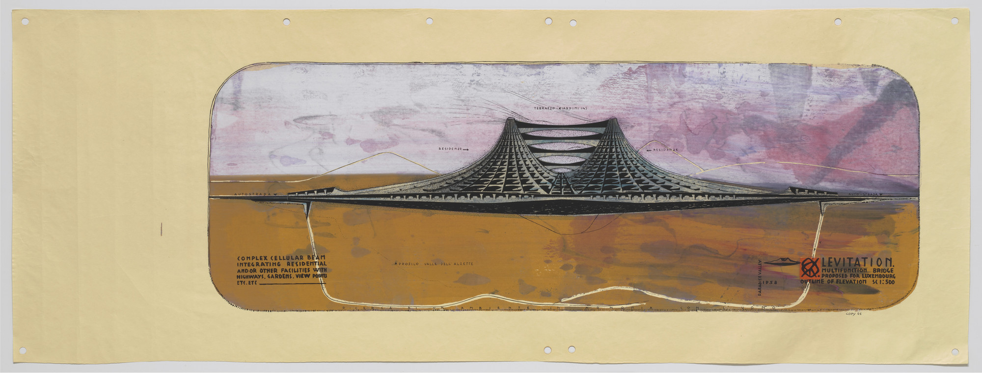 Paolo Soleri. Levitation Multifunction Bridge Project, Luxembourg, Elevation. 1958