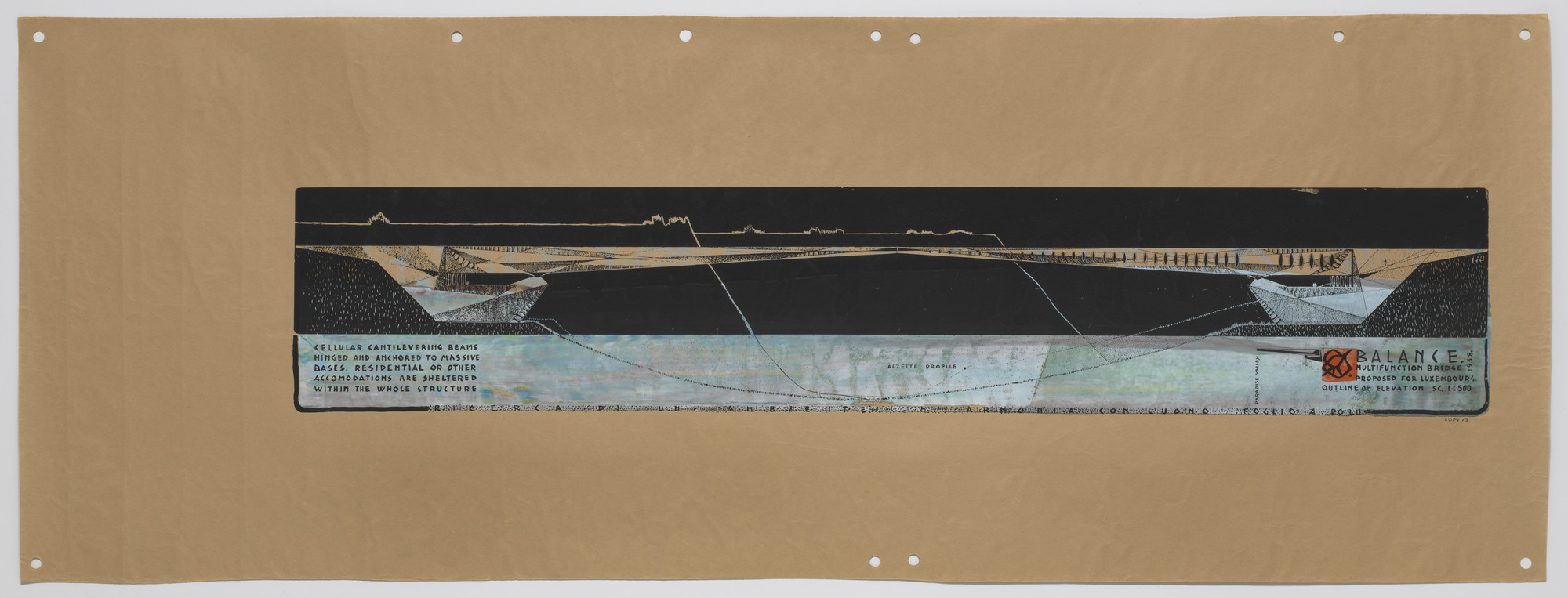 Paolo Soleri. Balance Multifunction Bridge Project, Luxembourg, Elevation. 1958