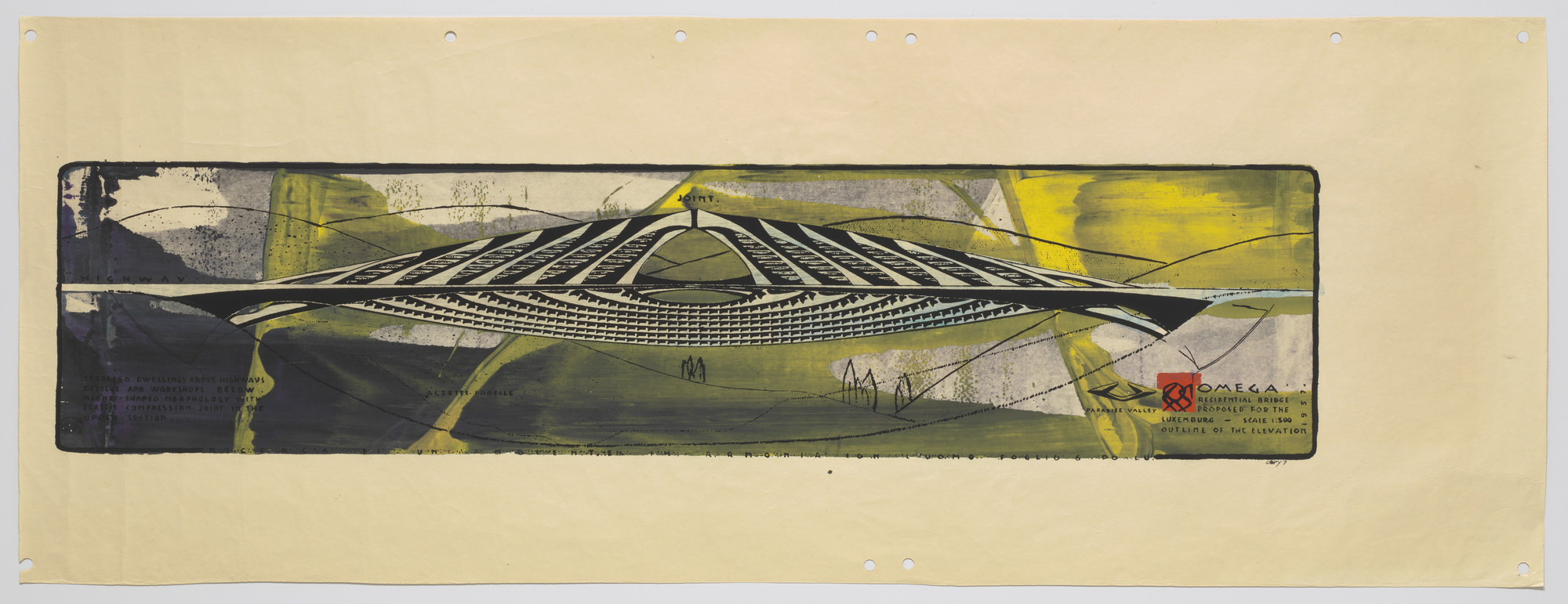 Paolo Soleri. Omega Residential Bridge Project, Luxembourg, Elevation. 1957