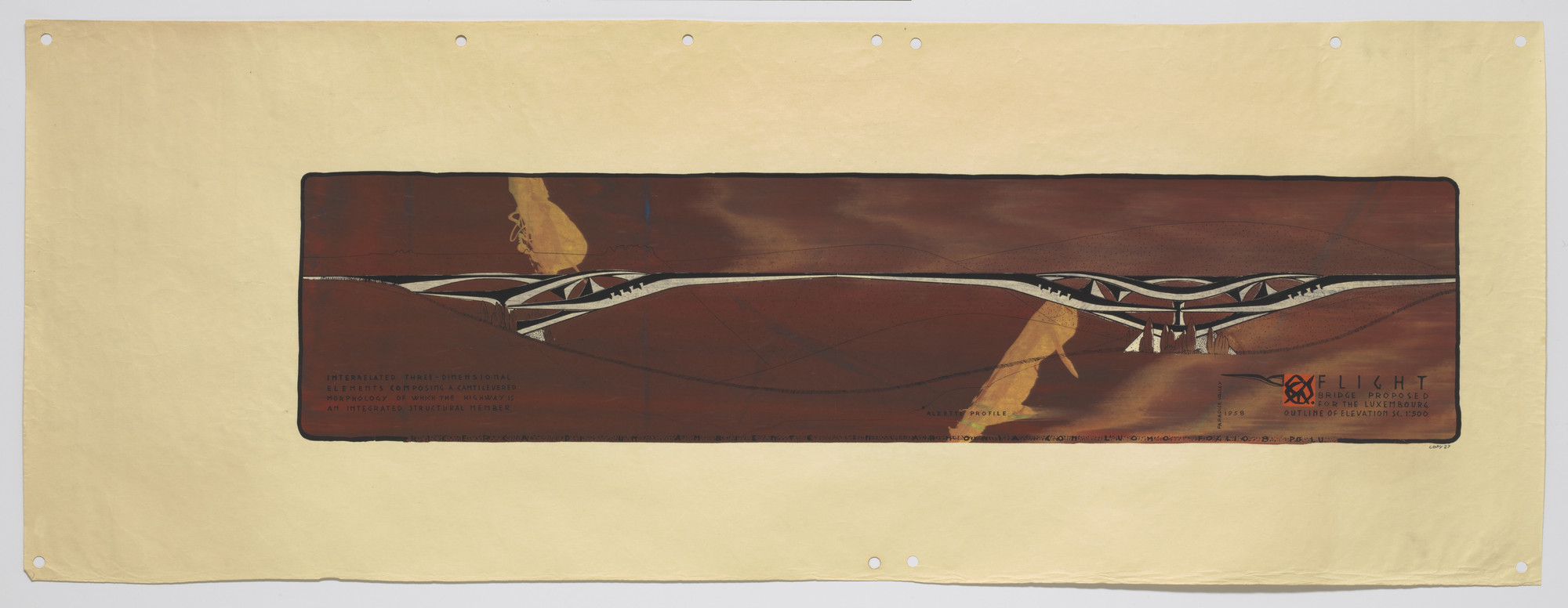 Paolo Soleri. Flight Bridge Project, Luxembourg, Elevation. 1958