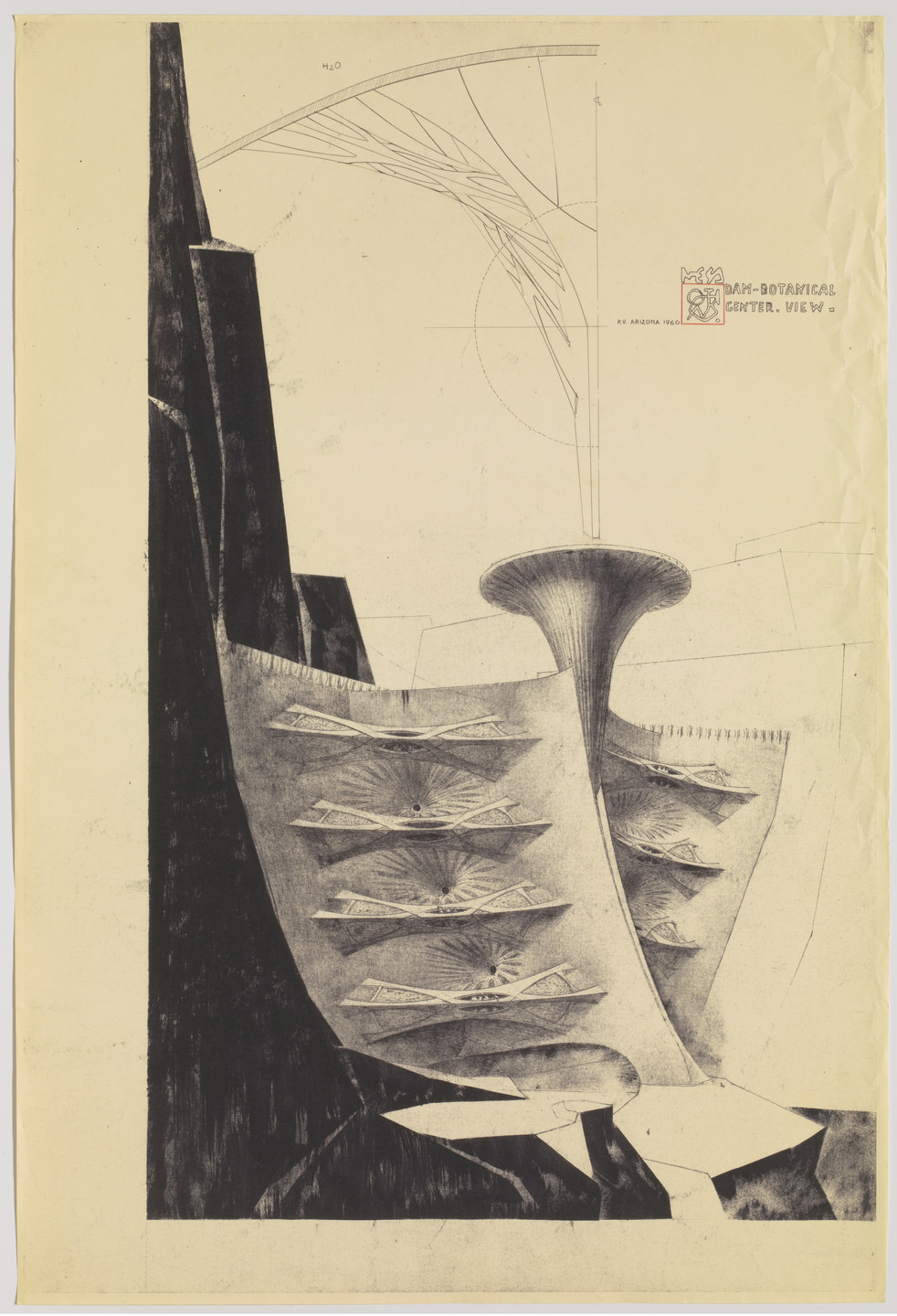 Paolo Soleri. Dam–Botanical Center Project (Perspective). c.1960