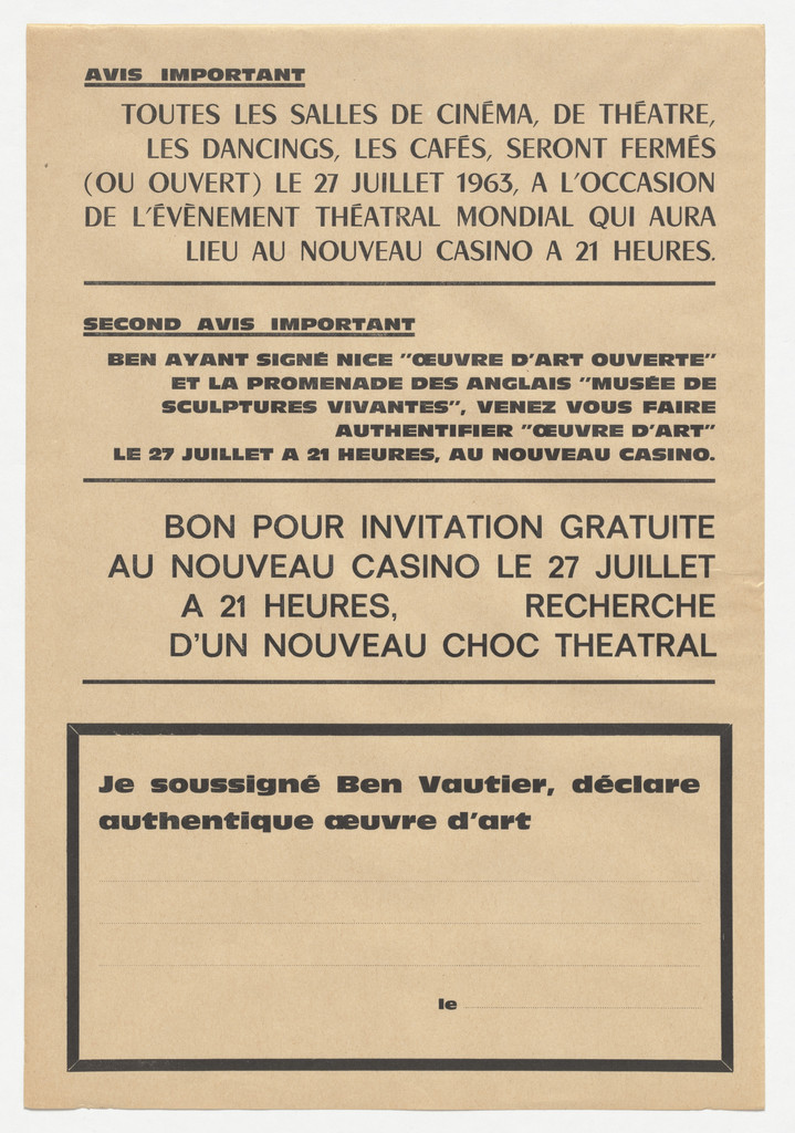Poster for L'Événement théatral mondial, Nouveau Casino, Nice, France, July 27, 1963
