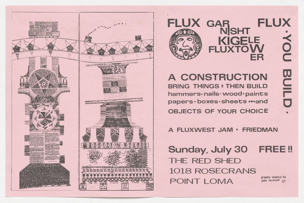 Flyer for Garnisht Kigele Fluxtower, The Red Shed, Point Loma, California, July 30, 1967, Ken Friedman, 1967