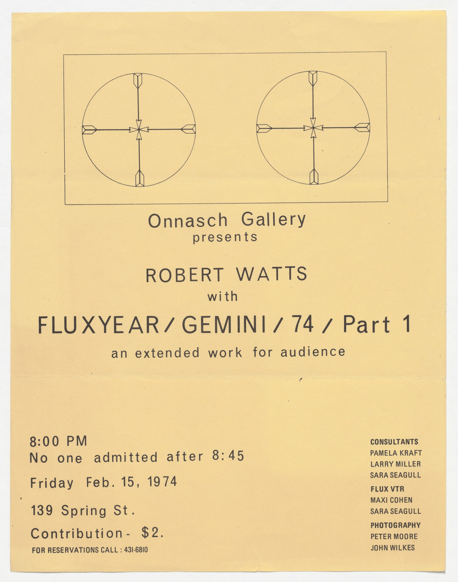 Robert Watts. Flyer for Robert Watts with Fluxyear/Gemini/74/Part 1 , Onnasch Gallery, New York, February 15, 1974