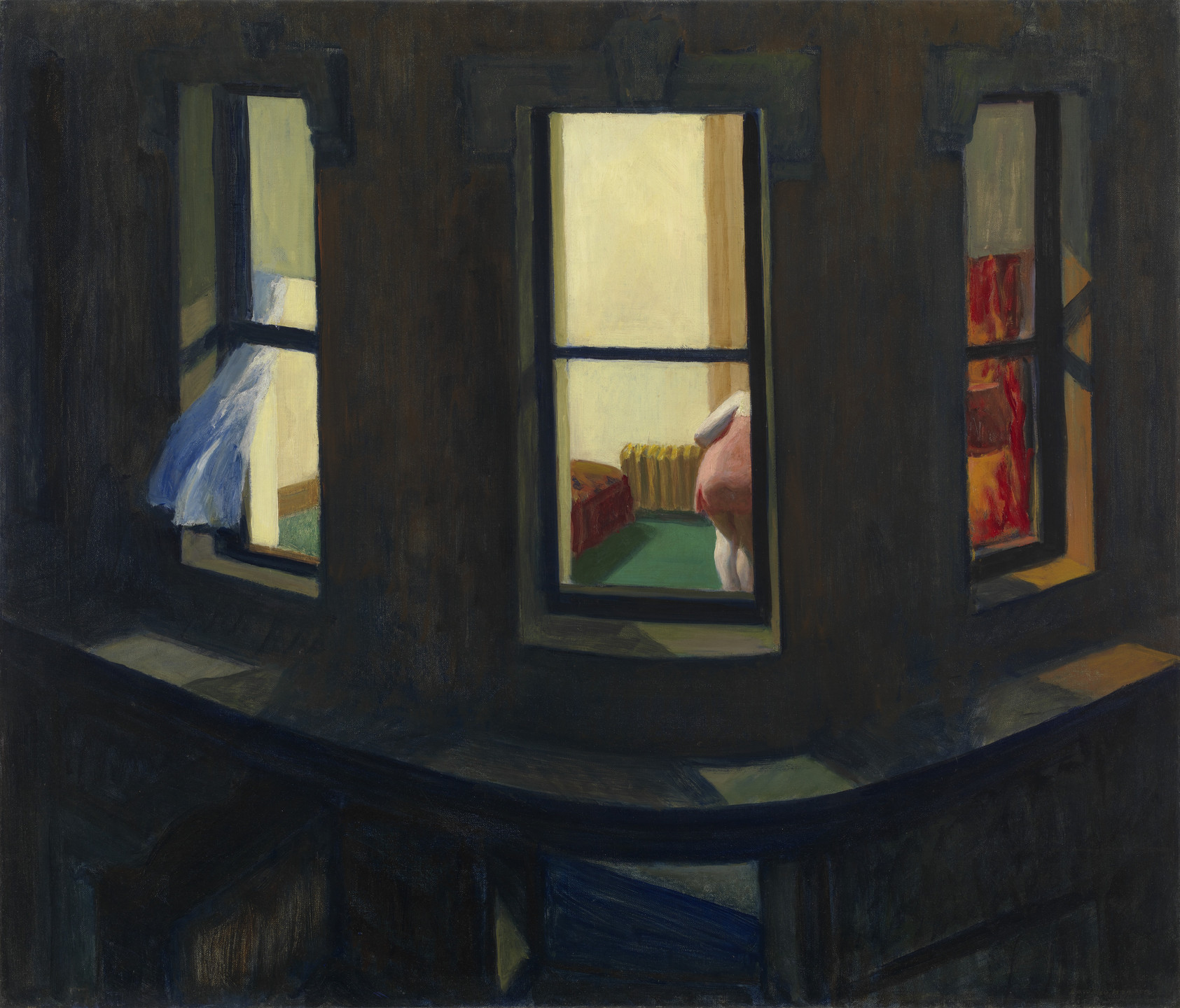 The painting depicts three windows of a dark building at night, with yellow light illuminating the interiors. The middle window shows a figure near a radiator and a bed, while the left window has billowing blue curtains. This is an AI generated description. To give feedback, email ai@moma.org.