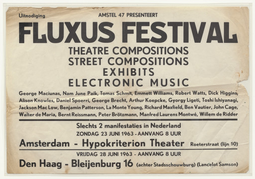 Poster for Fluxus Festival/Theatre Compositions/Street Compositions/Exhibits/Electronic Music, Hypokriterion Theater, Amsterdam, June 23, 1963 and Fluxus Festival, Den Haag, June 28, 1963