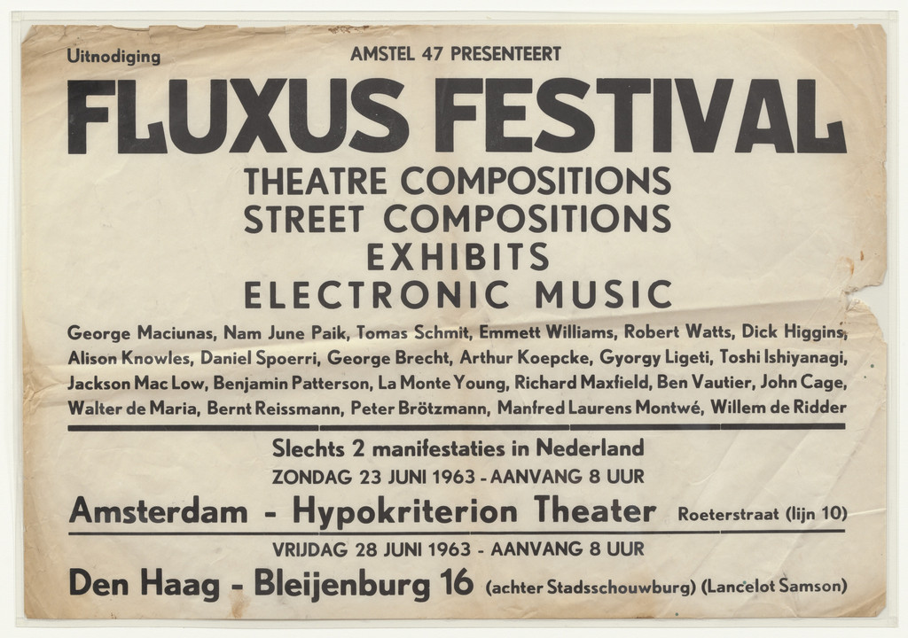 Poster for Fluxus Festival/Theatre Compositions/Street Compositions/Exhibits/Electronic Music, Hypokriterion Theater, Amsterdam, June 23, 1963 and Fluxus Festival, Den Haag, June 28, 1963 by Willem de Ridder