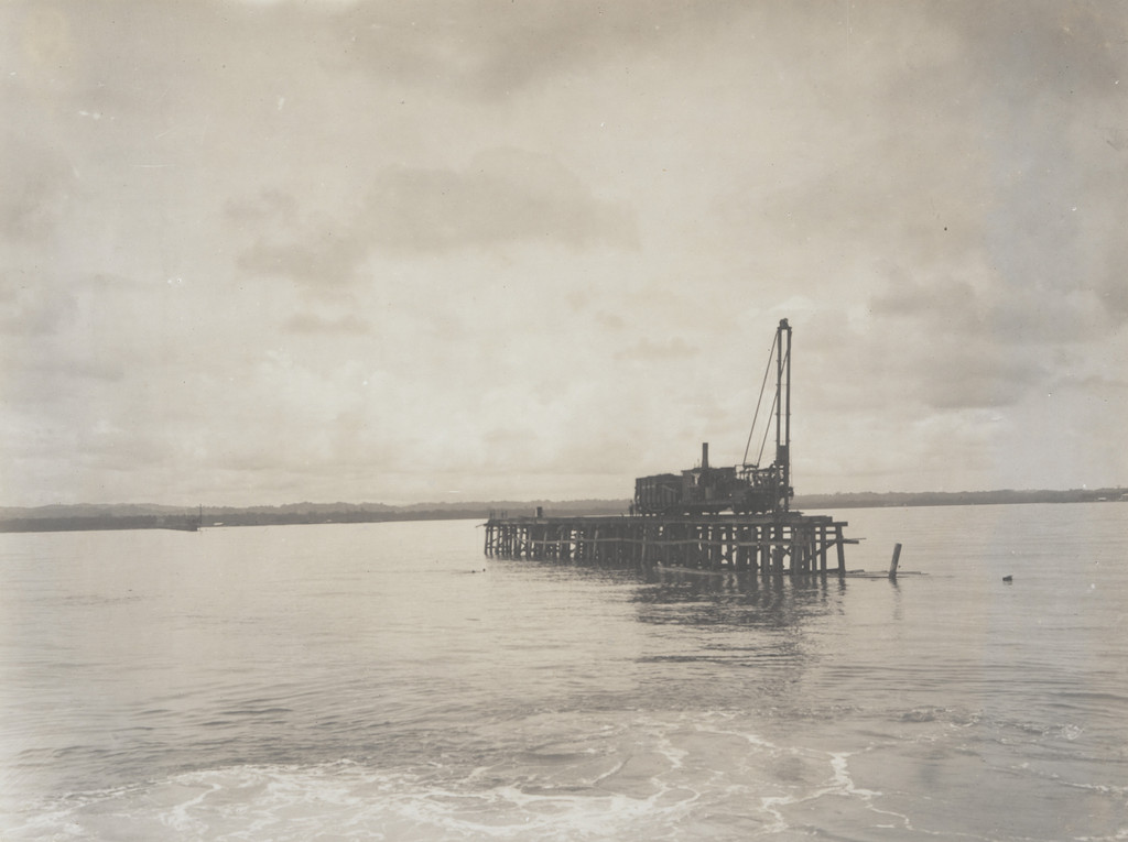 East Breakwater, Limon Bay. Reconstruction of Trestle. U.S. Piledriver No. 101 driving Bent no. 380. Station 3 + 10 "C" (6,000 ft. from shore). Looking east