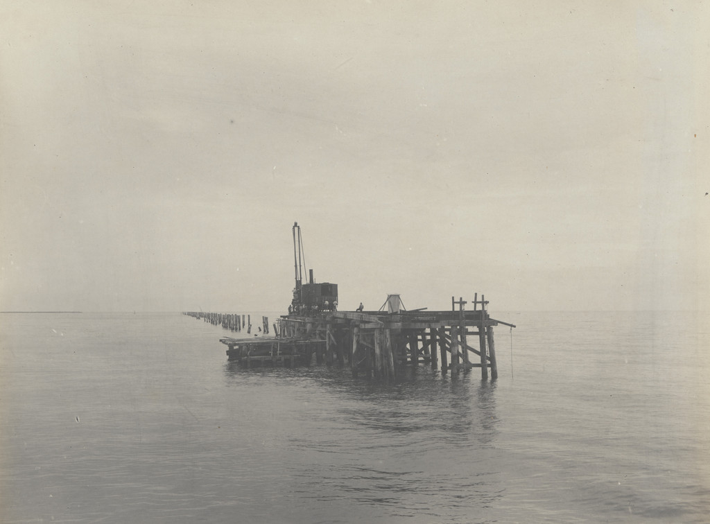 East Breakwater, Limon Bay. Reconstruction of Trestle. U.S. Piledriver No. 101 driving Bent No. 380. Station 3 + 10 "C" (6,000 ft. from shore). Looking west
