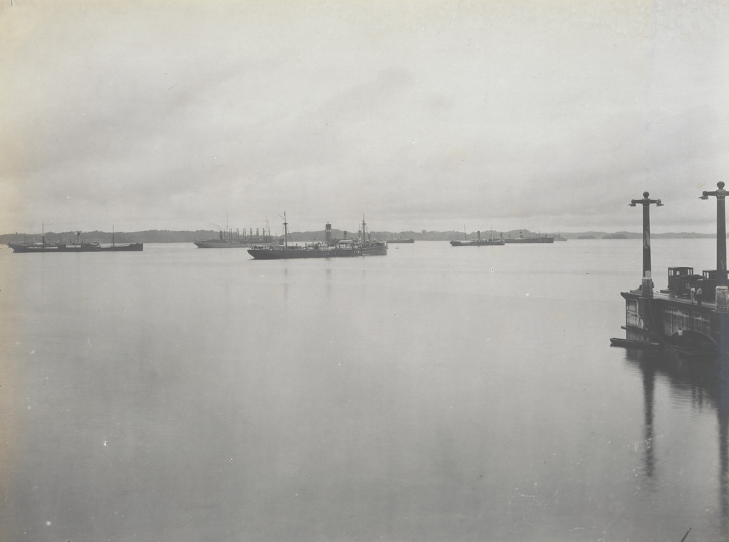 Gotun Lake. Anchorage Basin. View from East Emergency Dam, showing vessels at anchor, delayed account of slides in Gaillard cut
