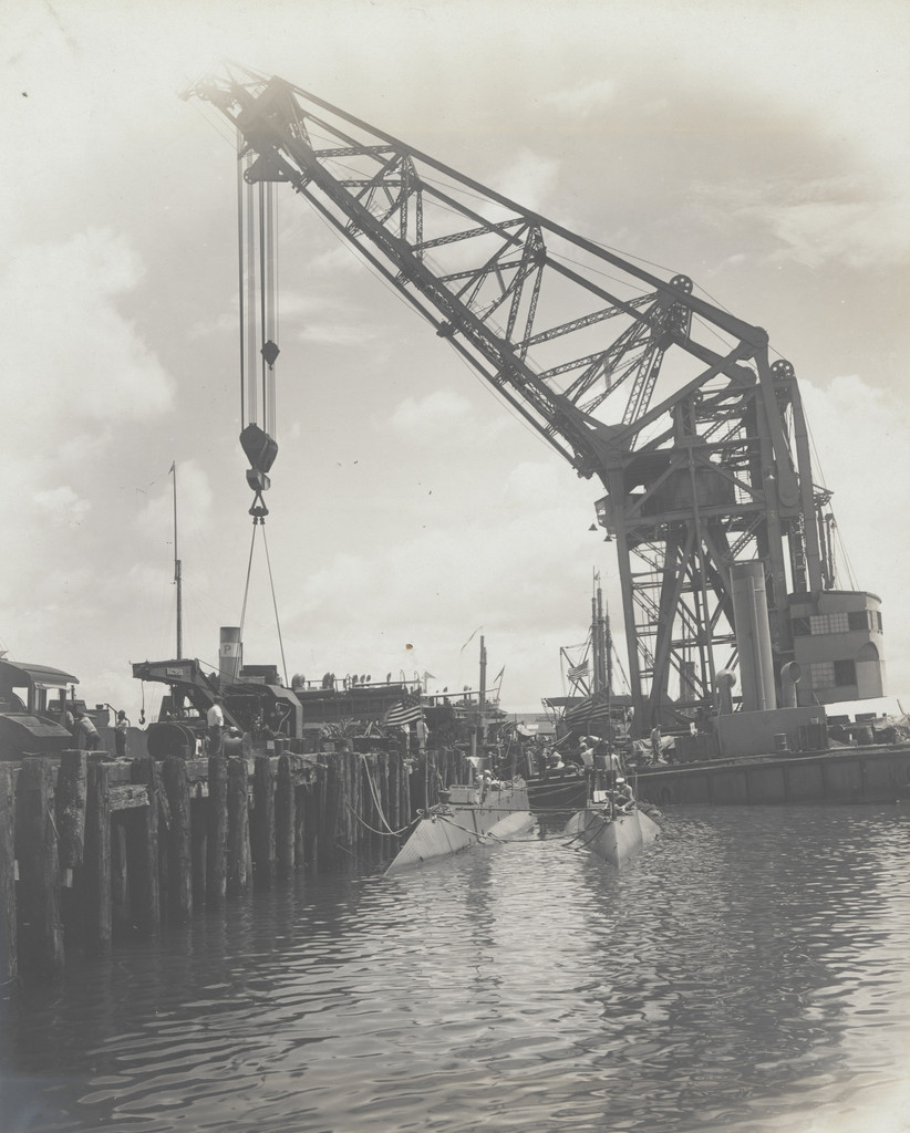 Floating crane "Ajax" test. 150 tons luffed out overside at rated reach
