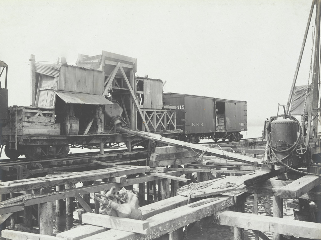 Panama R.R. new docks. Front view of concrete mixing plant for caissons, Pier No. 7