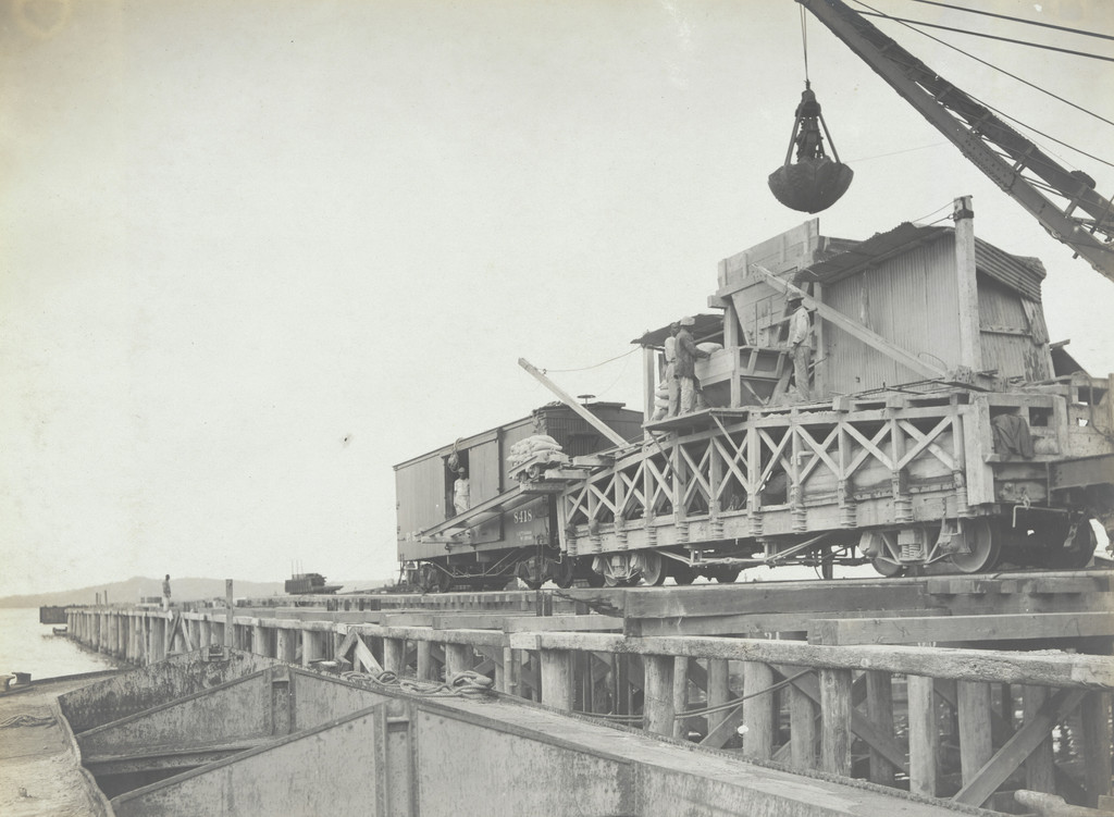 Panama R.R. New Docks. Rear view of concrete mixing plant for Caissons. Pier #7