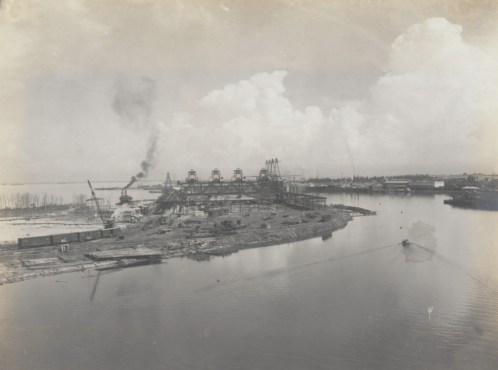 Cristobal Coaling Station. General view from floating crane at dock No. 14, looking north