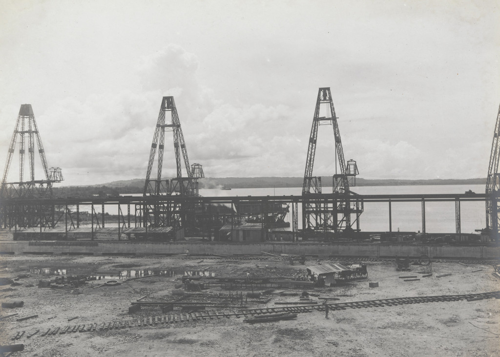 Cristobal Coaling Station: Looking west on Reloader towers from Unloader wharf