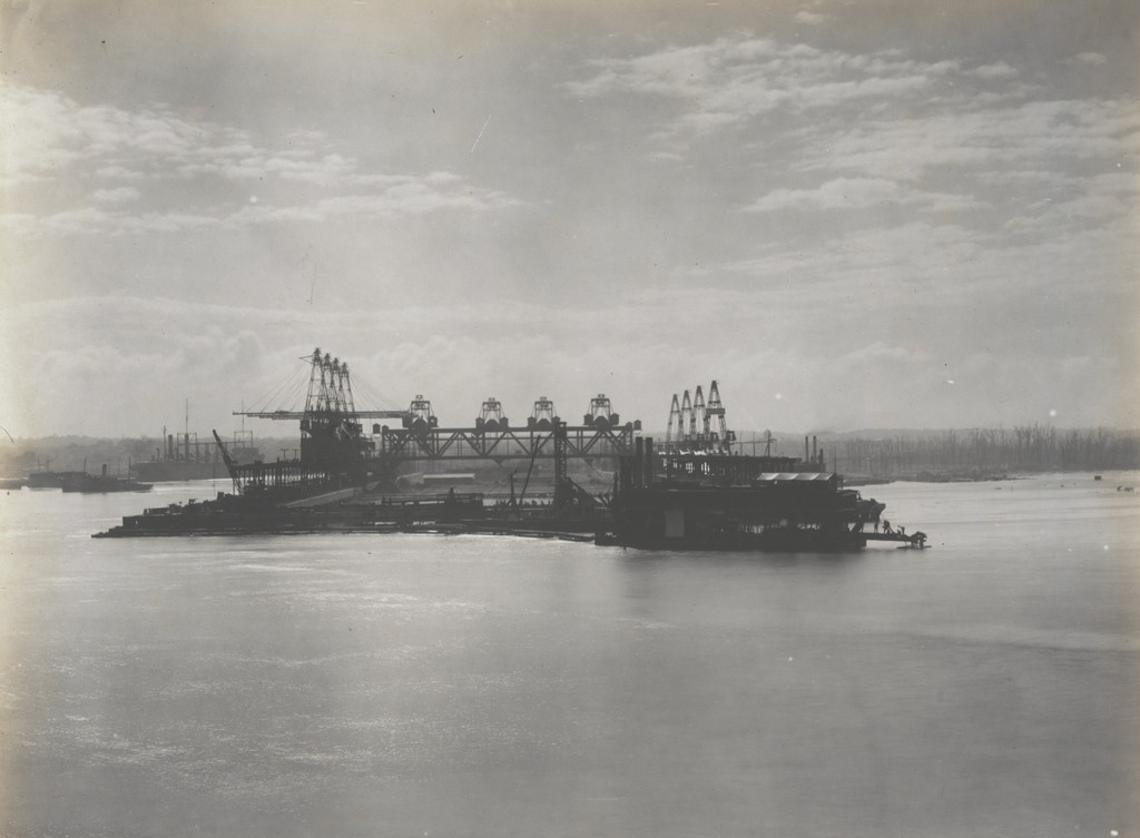 Cristobal coaling Station, showing commencement of erection of wharf bunker and viaduct system across end wharf