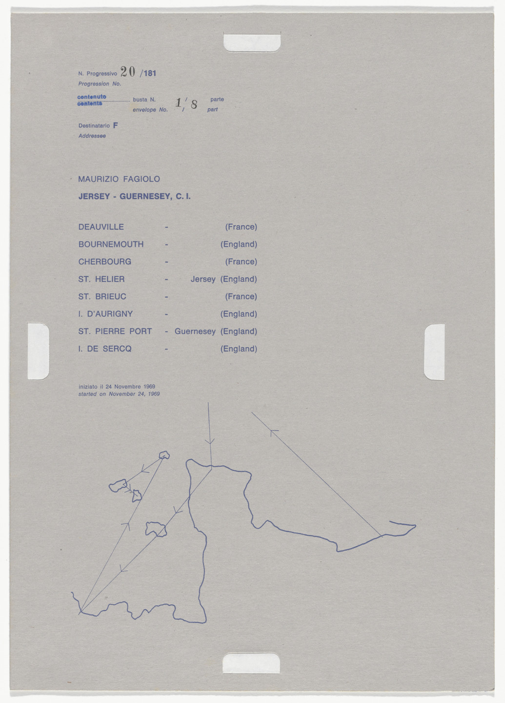 Alighiero Boetti. Progression No. 20 from Postal Dossier (Dossier postale). 1969-70