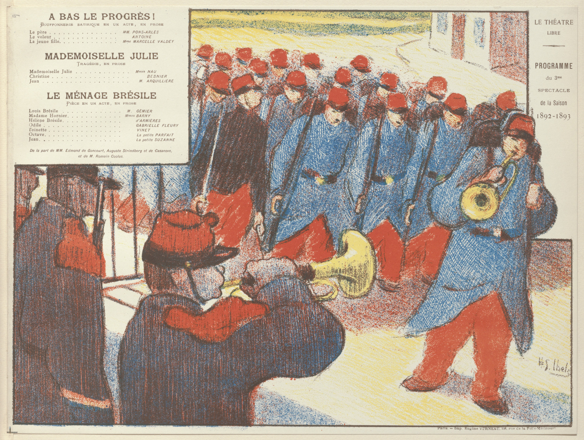 Henri-Gabriel Ibels. Program for Down with Progress! (A bas le progrès!), Miss Julie (Mademoiselle Julie) and The Brazilian Household (Le Ménage Brésile) from The Beraldi Album of Theatre Programs. 1893