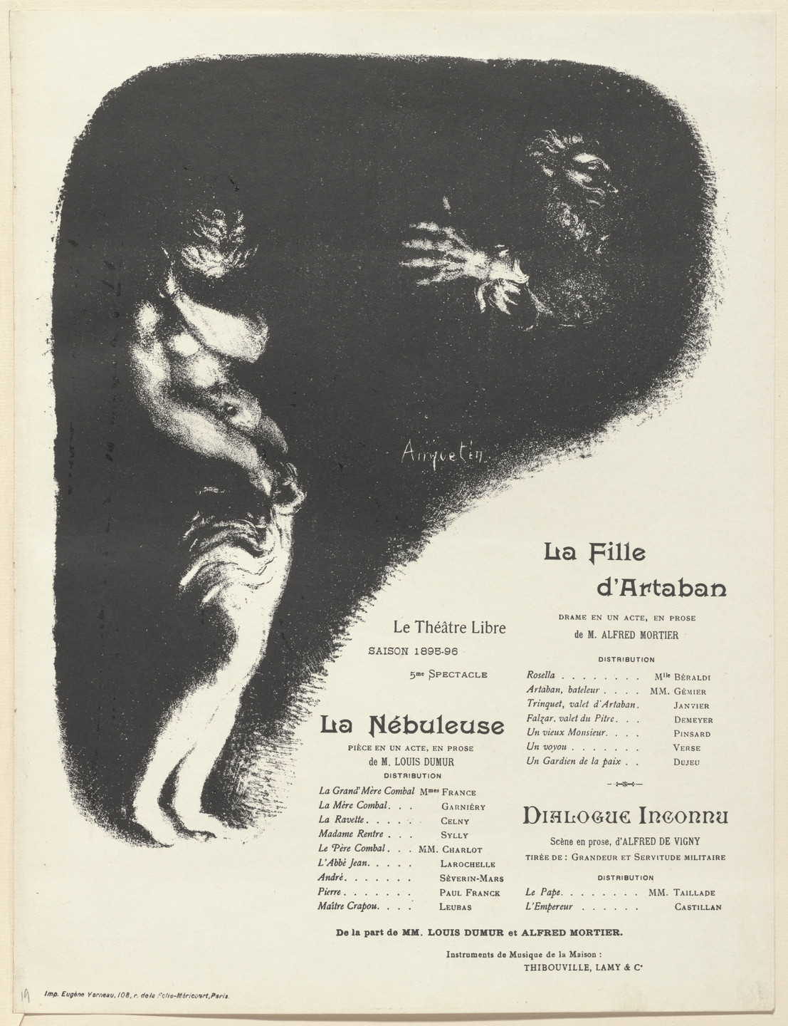 Louis Anquetin. Program for The Daughter of Artabanus (La Fille d&#39;Artaban), The Nebula (La Nébuleuse) and Unknown Dialogue (Dialogue inconnu) from The Beraldi Album of Theatre Programs. 1896