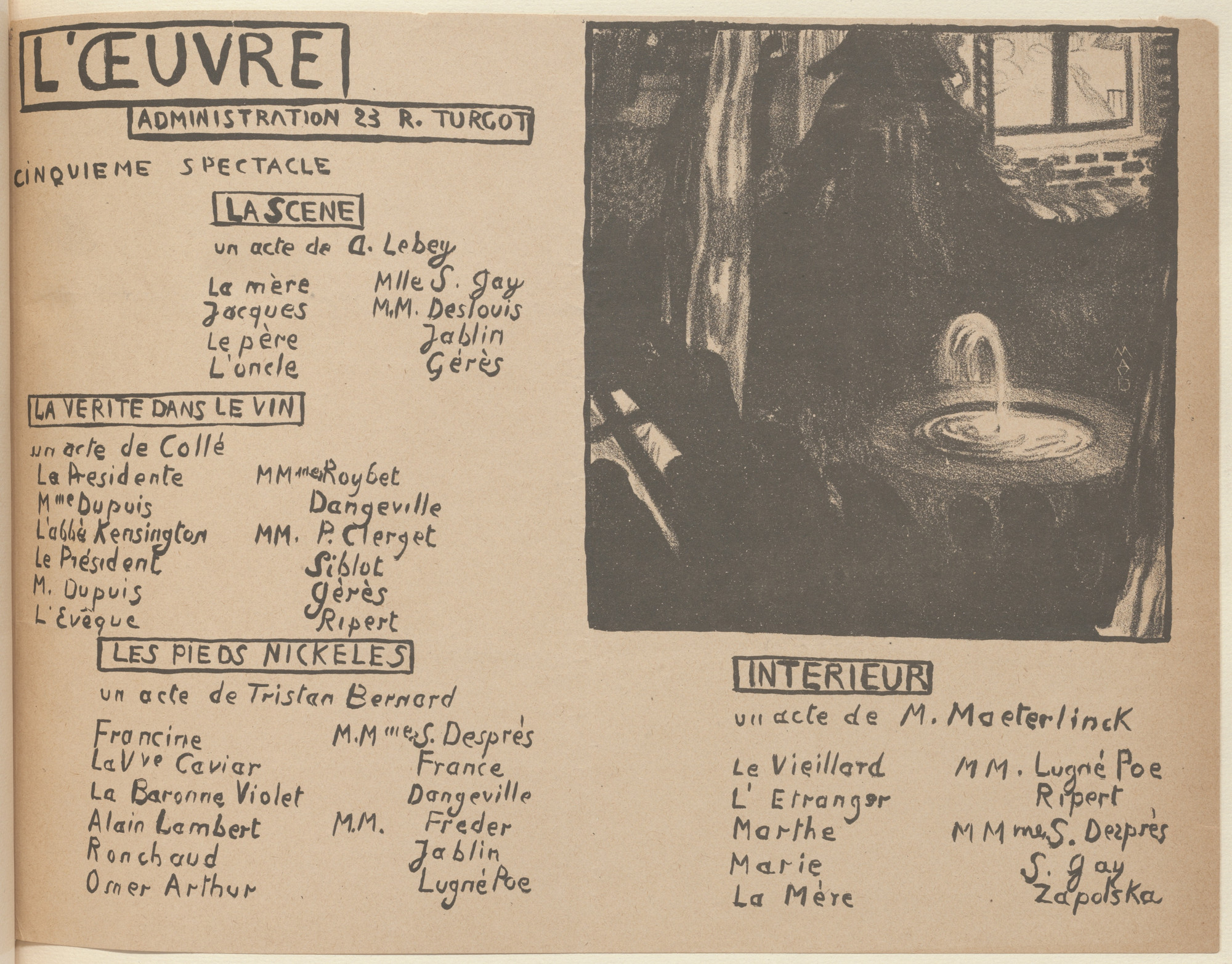 Maurice Denis. Program for The Scene (La Scène), Truth in Wine (La Vérité dans le vin), Nickel-plated feet (Les Pieds nickelés) and Interior (Intérieur) from The Beraldi Album of Theatre Programs