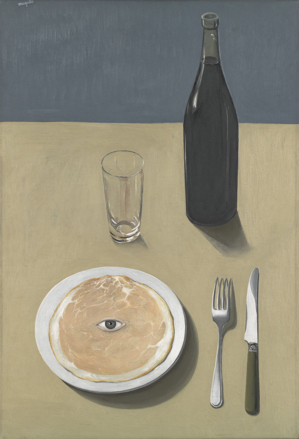 A tan table holds a dark bottle, an empty glass, and a plate with a pancake; an eye is in the center of the pancake. To the right of the plate, there is a fork and knife. This is an AI generated description. To give feedback, email ai@moma.org.