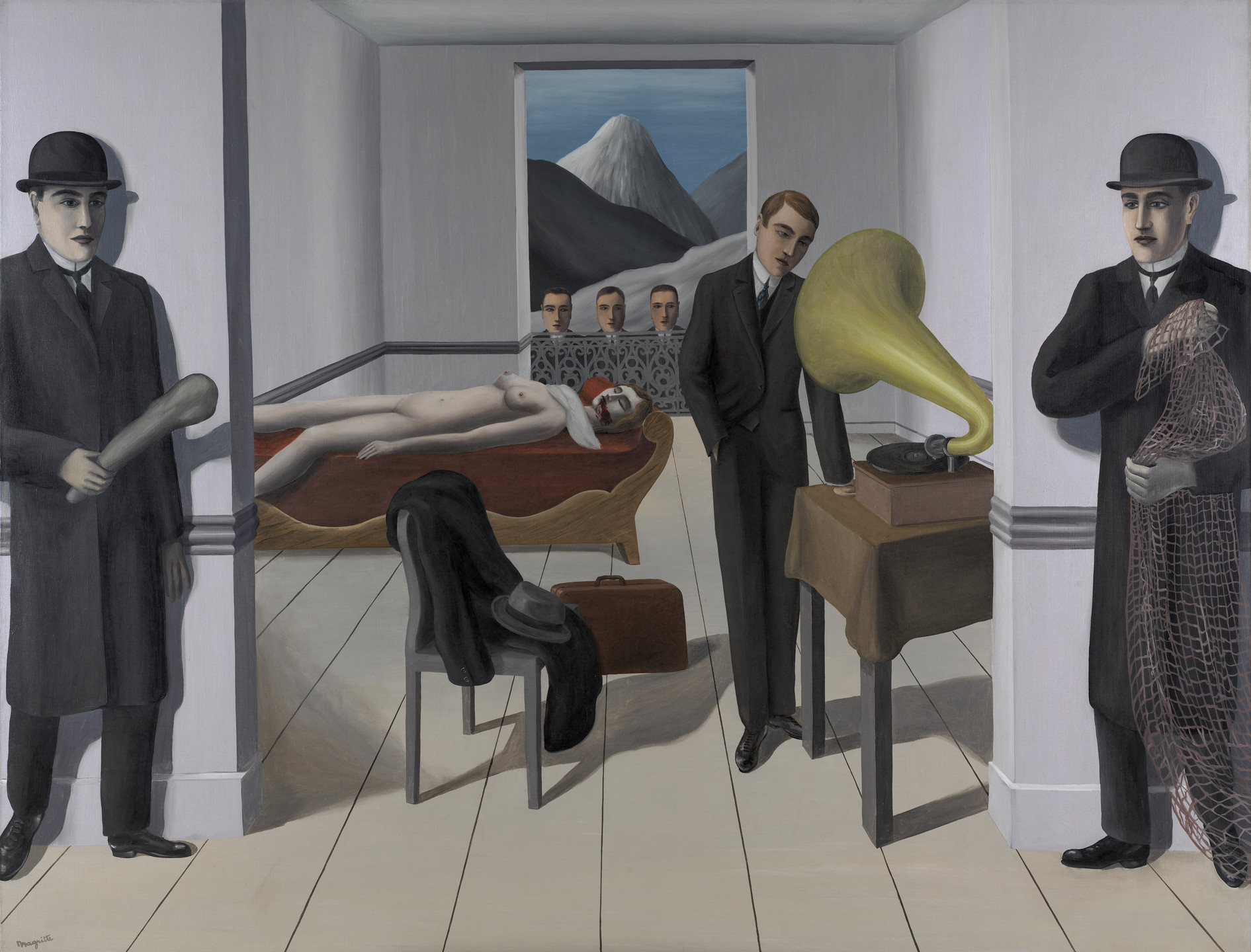 This painting shows two men in suits and bowler hats in the foreground, the one at left holds a club and the one at right holds a net. In the middleground is a man in a suit looking into a phonograph. Behind, a dead woman lies horizontally on a daybed with blood at her mouth and a scarf at her chin. In the background is a painting of mountain landscape with three men's heads peeking from the bottom. This is an AI generated description. To give feedback, email ai@moma.org.