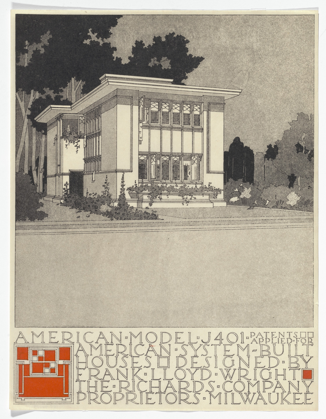 Frank Lloyd Wright. American System-Built Houses for The Richards Company project (Exterior perspective of model J401). 1915–1917