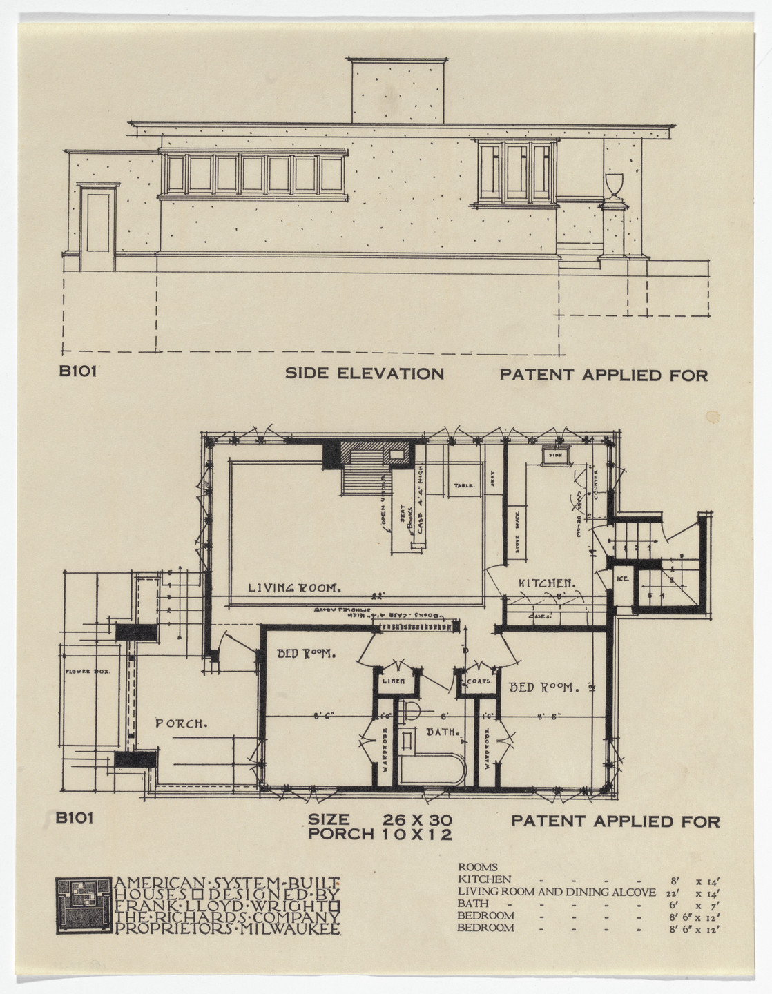 Frank Lloyd Wright. American System-Built Houses for The Richards Company project, Milwaukee, Wisconsin (Plan and elevation). 1915-17