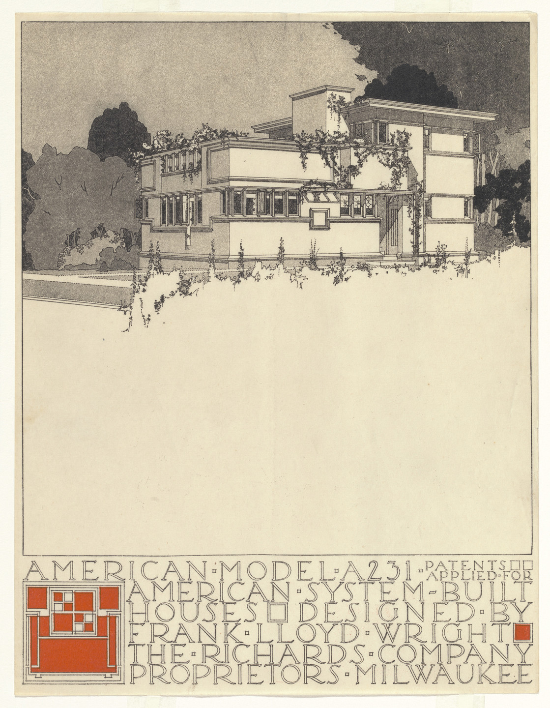 Frank Lloyd Wright. American System-Built Houses for The Richards Company project (Exterior perspective of model A231). 1915–1917