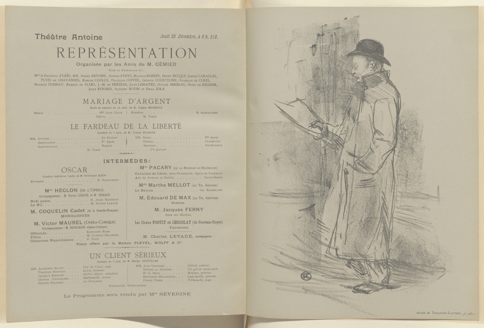 Henri de Toulouse-Lautrec, Louis Anquetin. Firmin Gimiér and Un Satyre program for Mariage d'argent, and Le Fardeau de la liberté and Un Client sérieux de G. Coureline from The Beraldi Album of Theatre Programs. 1897