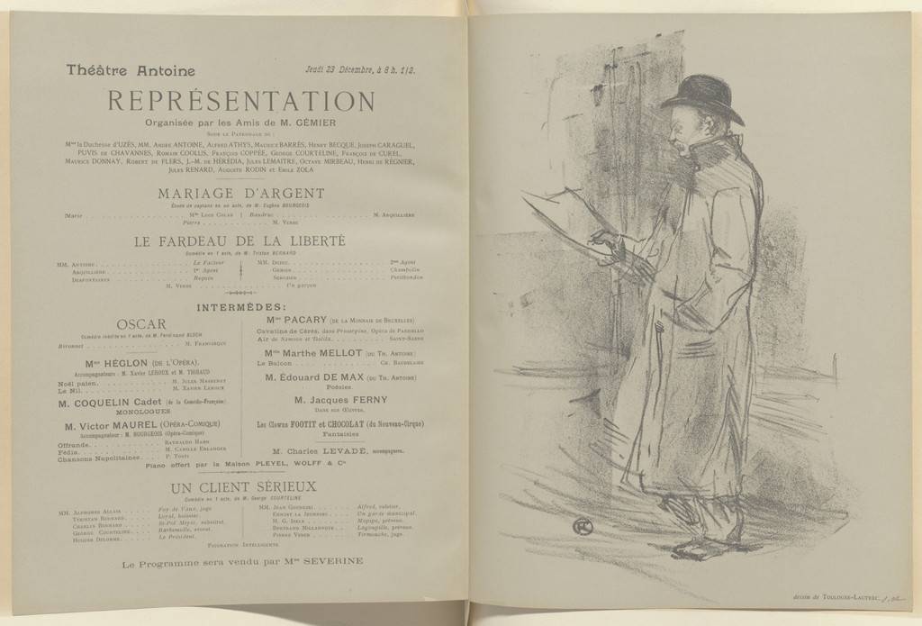 Firmin Gimiér and Un Satyre program for Mariage d'argent, and Le Fardeau de la liberté and Un Client sérieux de G. Coureline from The Beraldi Album of Theatre Programs
