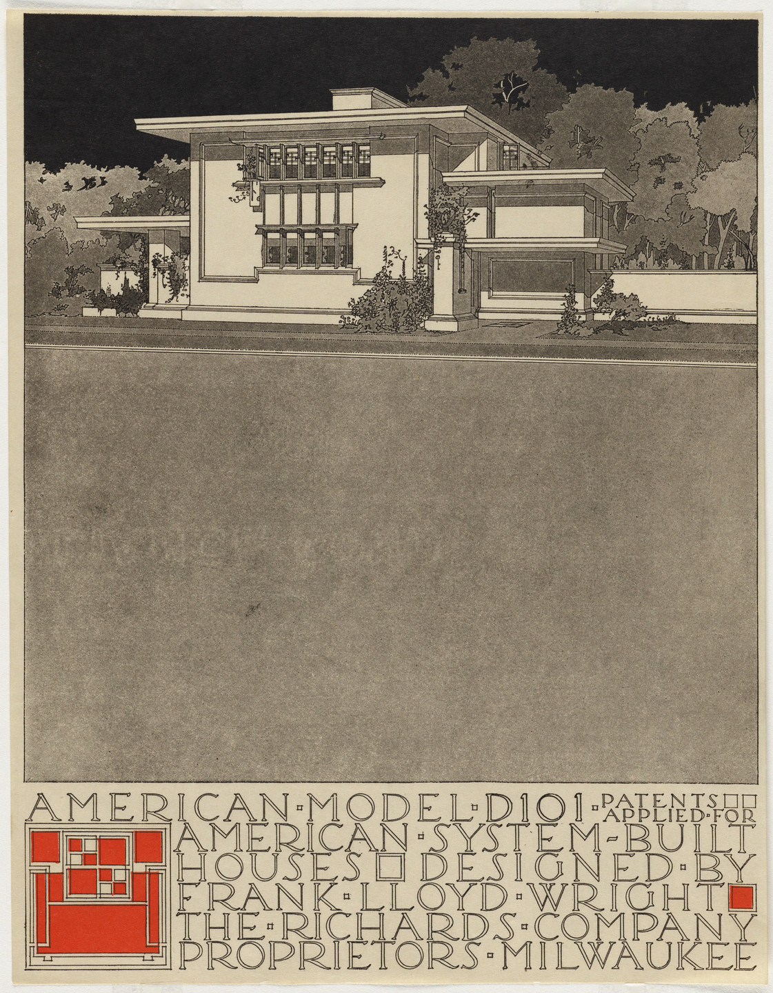 Frank Lloyd Wright. American System-Built Houses for The Richards Company project (Exterior perspective of model D101). 1915–1917