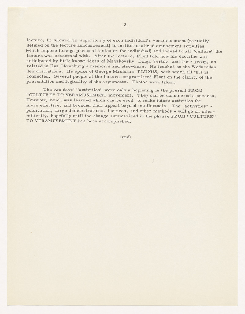 From "Culture" to Veramusement. Press Release, March-April 1963