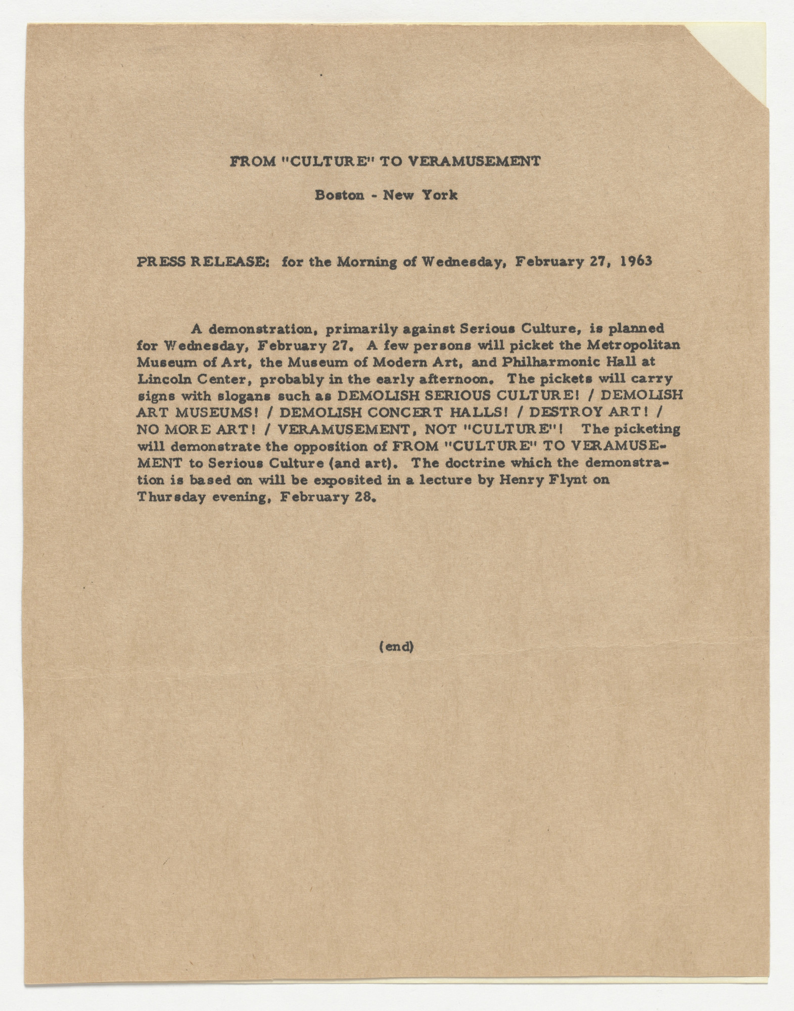 Henry Flynt. From "Culture" to Veramusement