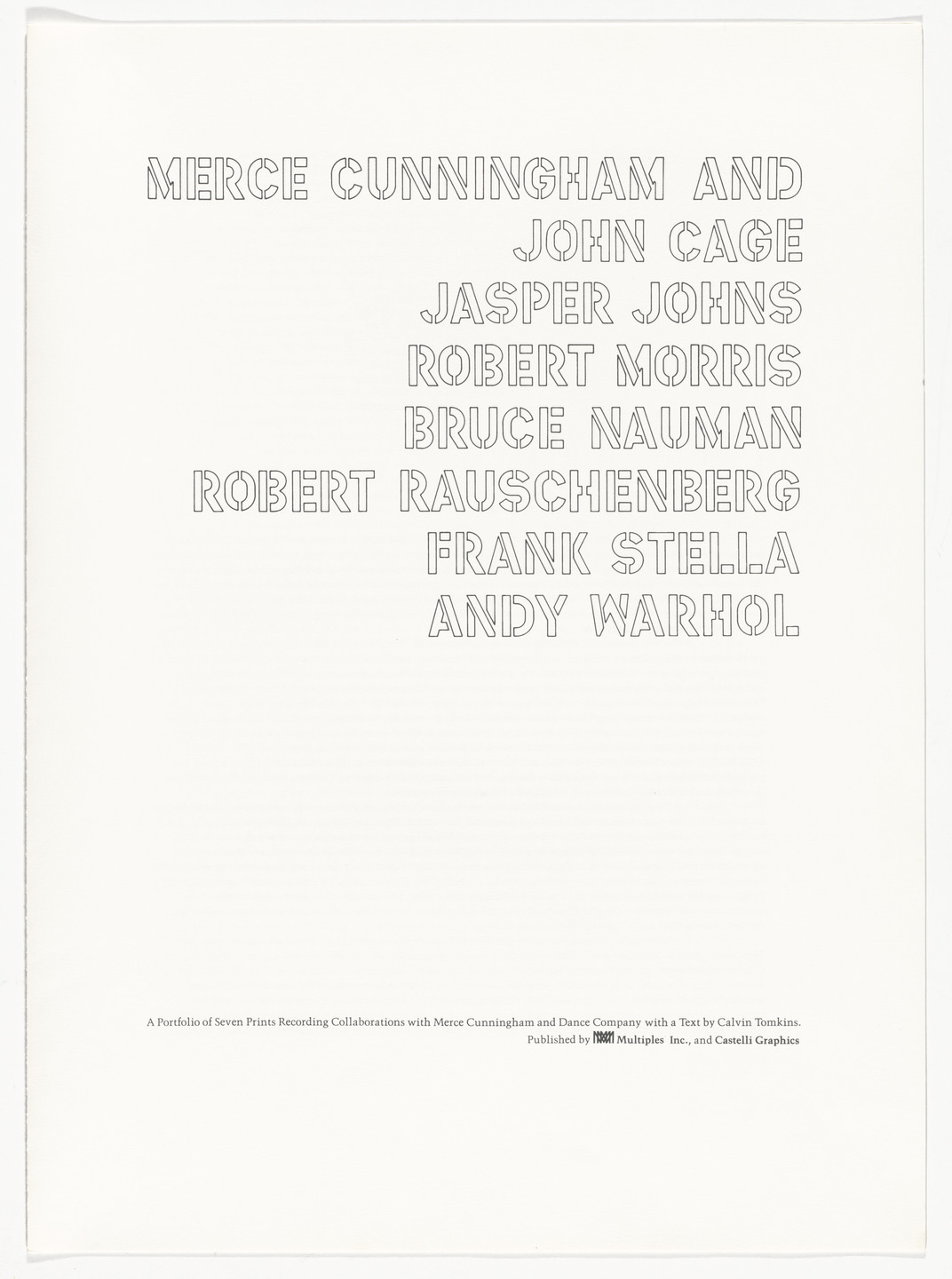 Various Artists, Andy Warhol, Frank Stella, Bruce Nauman, Robert Morris, Jasper Johns, Robert Rauschenberg, John Cage. Merce Cunningham Portfolio. 1974–75, published 1975