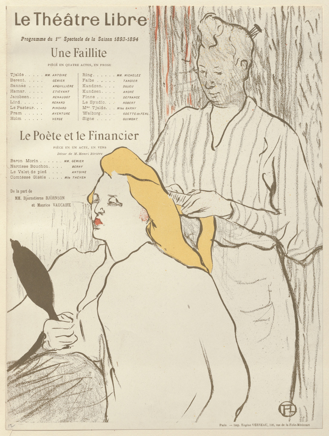 Henri de Toulouse-Lautrec. The Hairdresser (La coiffure), program for Bankruptcy (Une Faillite) and The poet and the financier (Le Poète et le financier) from The Beraldi Album of Theatre Programs. 1893