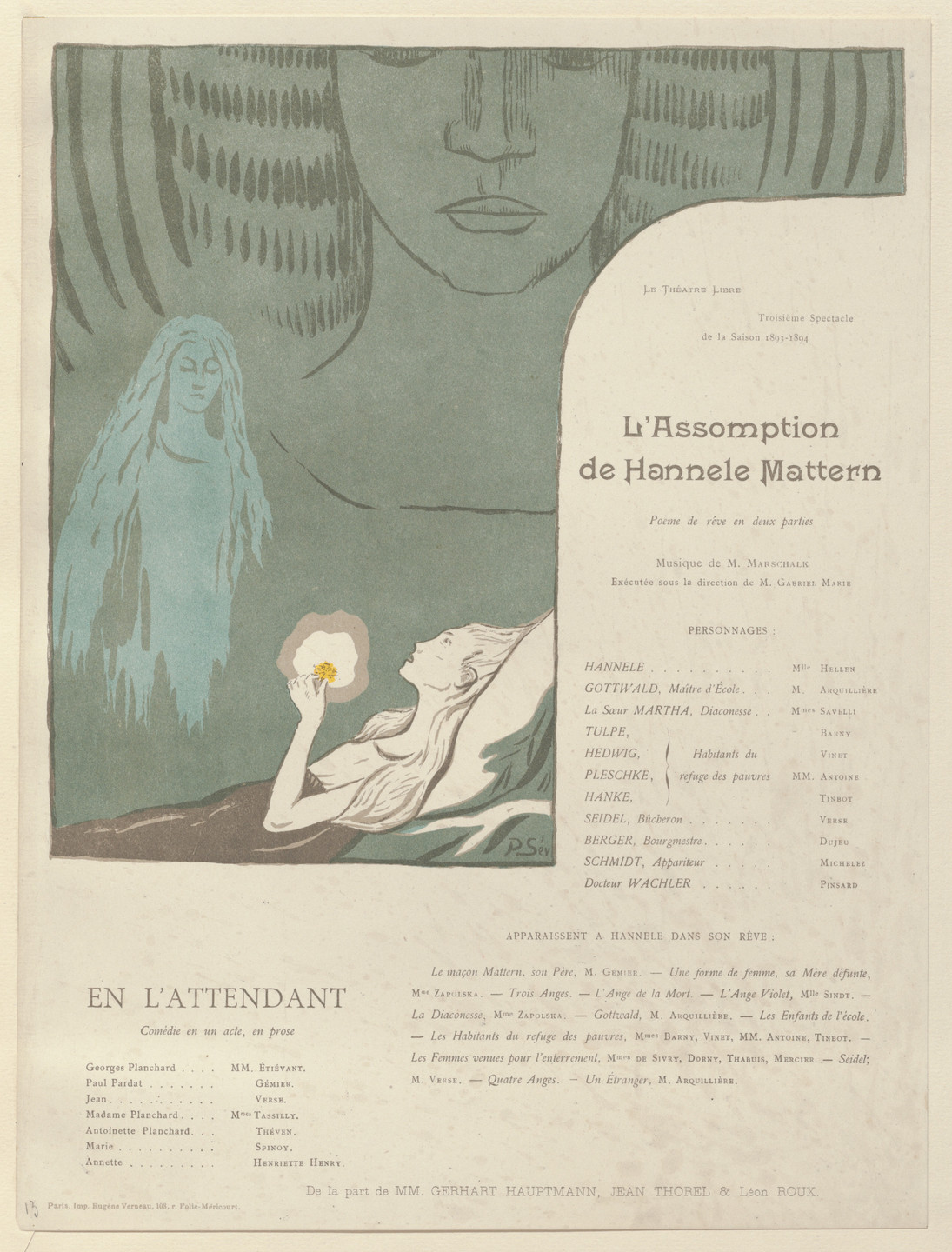 Paul Sérusier. Program for The Assumption of Hannele Mattern (L&#39;Assomption de Hannele Mattern) and Waiting for Him (En l&#39;attendant) from The Beraldi Album of Theatre Programs. 1894