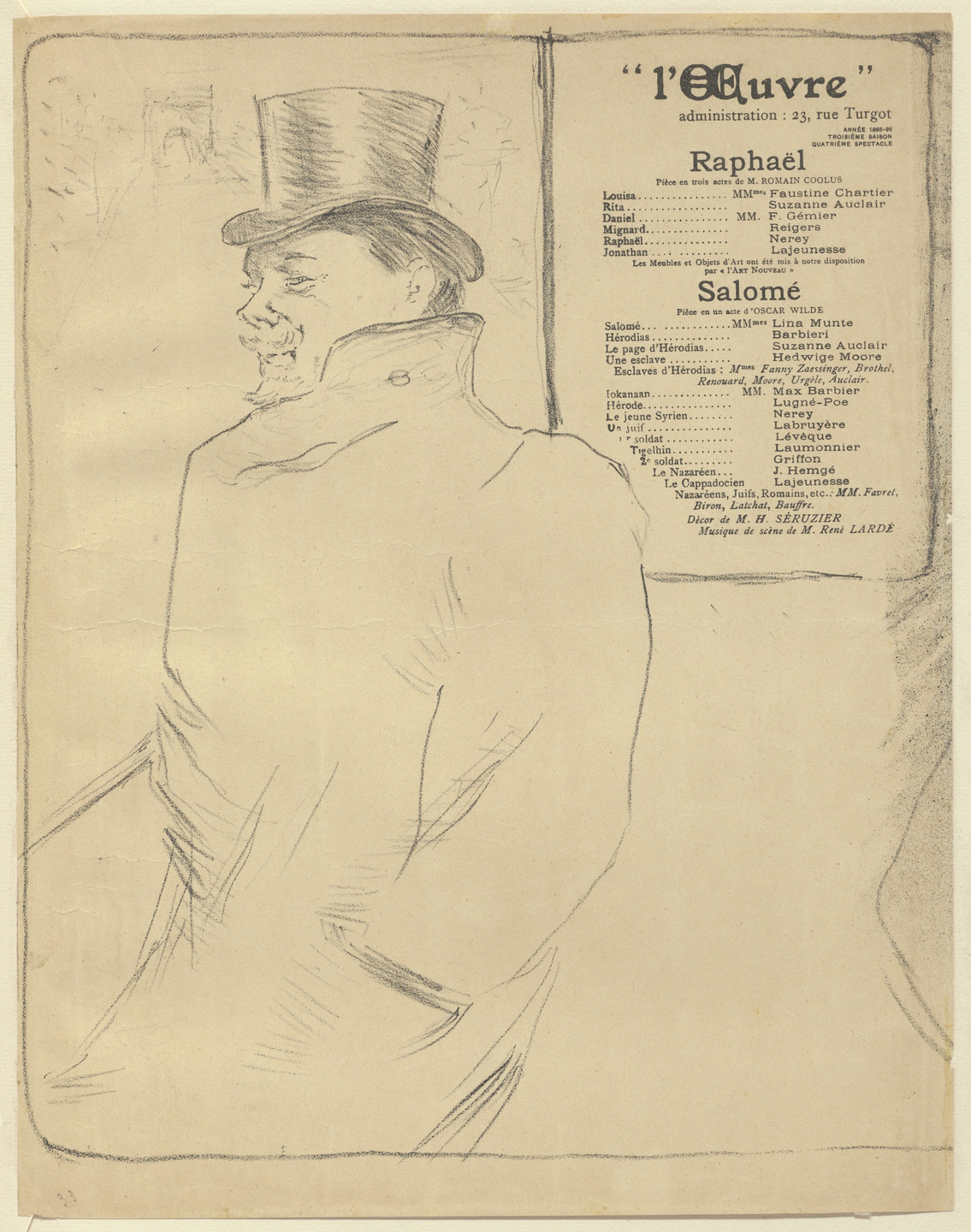 Henri de Toulouse-Lautrec. Romain Coolus, program for Rafaël and Salomé from The Beraldi Album of Theatre Programs. 1896